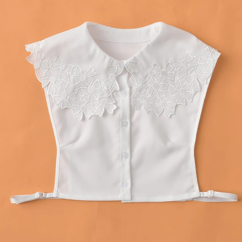 

Women Autumn Chiffon Detachable Half Shirt Blouse Sweet Bowknot Floral Embroidery Lapel False Fake Collar Shawl Lolita