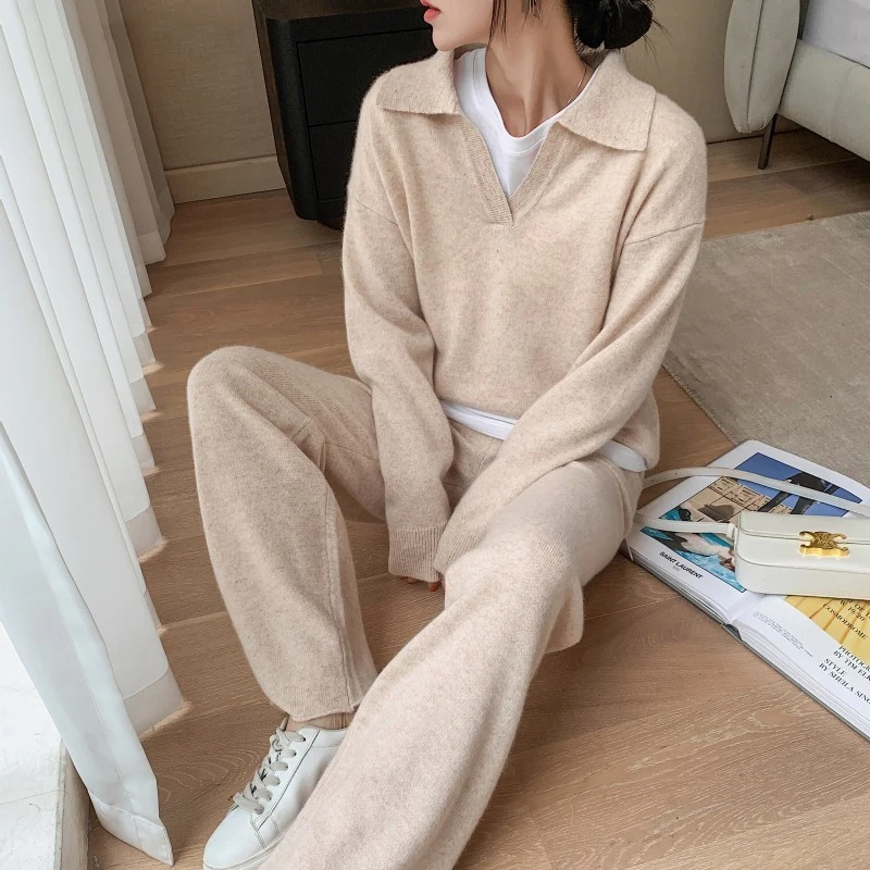 

2021 Chic Soft Knitted Sweater Pants Suits Women Autumn Winter Casual Fashion Ladies Sets 2 Pieces V-neck Loose Female Tops