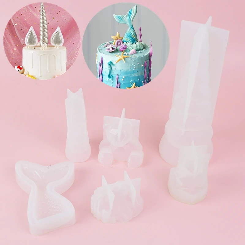 

3D Unicorn Horn Silicone Molds Mermaid Tail Unicorn Bear Cat Animals Sugarcraft Mold Fondant Cake Decorating Tools Baking Mould