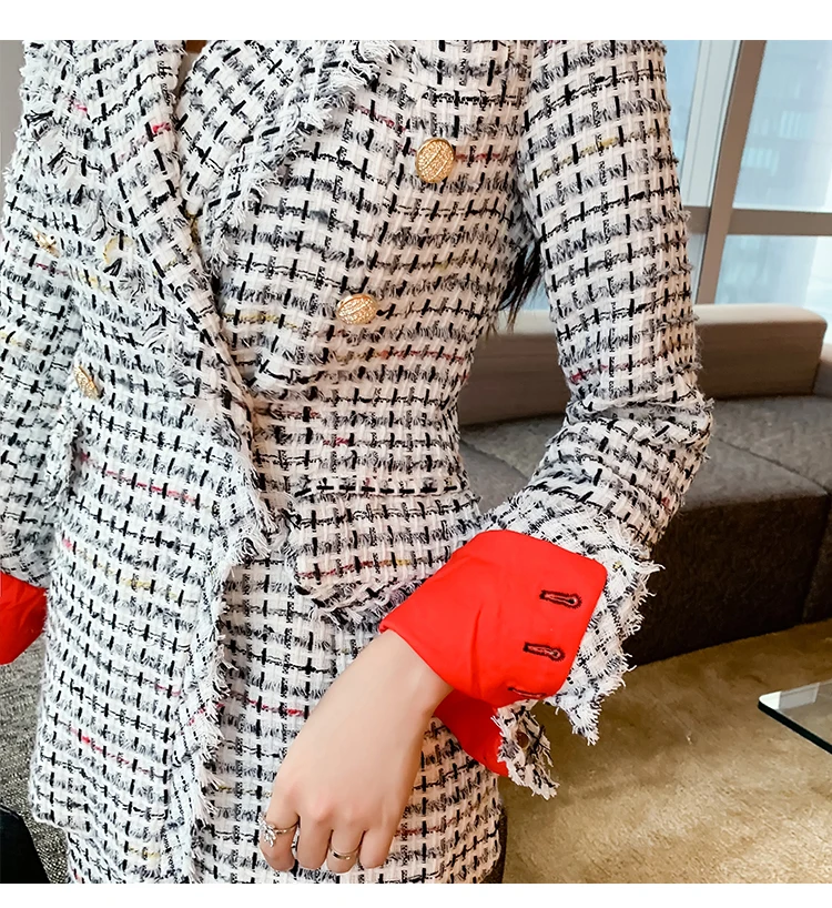 

2020 Autumn Winter Women Office OL Two Piece Suits Elegant Fashion Buttons Jacket Coat + Tassel Pencil Mini Skirt Outfits Sets