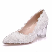 shoes woman pumps wedding party banquet lace pu rhinestones slip on 6 5cm thick high heels pointed toe women shoes size 35 42