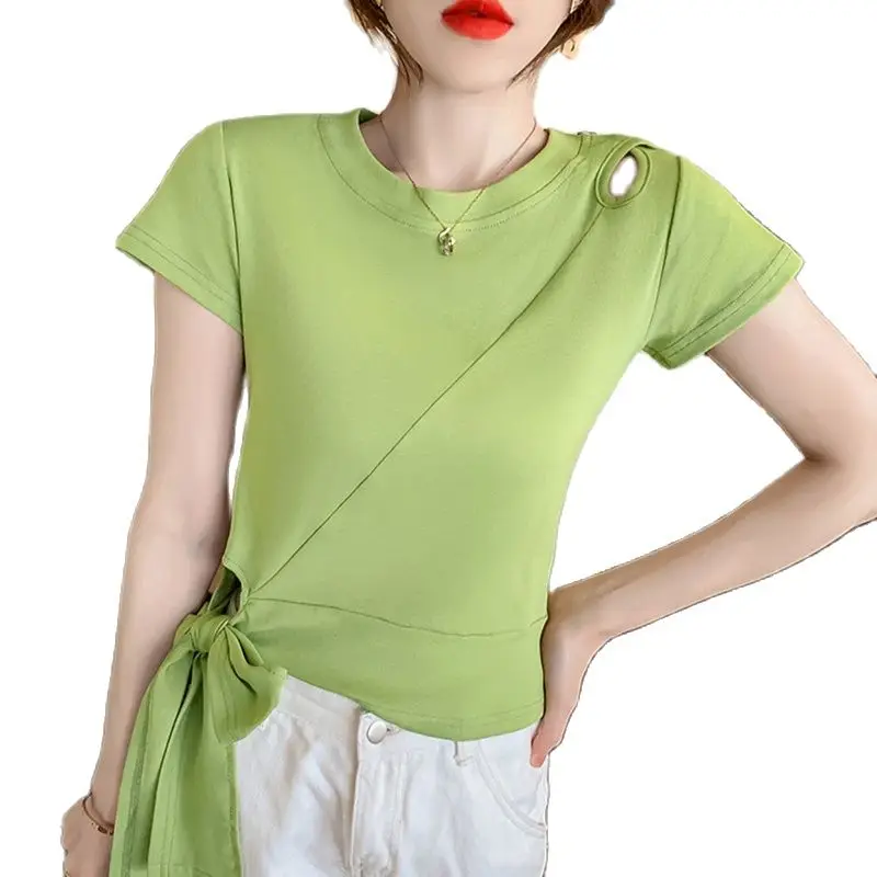 

Lace up Bow Cotton T Shirt Women 2021 Clothes Crop Tops T-Shirts Summer Slim O-Neck Hollow Out Tee Shirt Femme Poleras Mujer