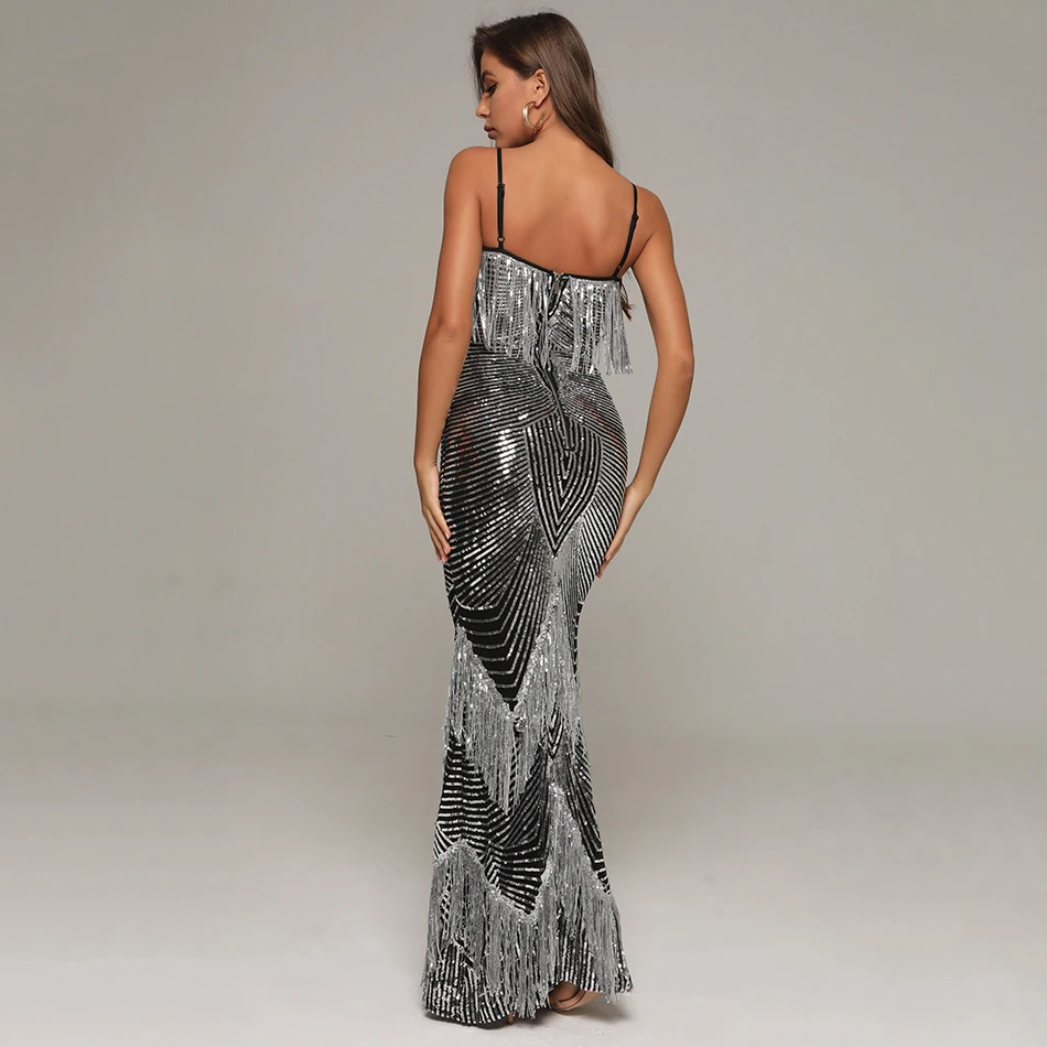 

2020 New Ladies Sexy V-Neck Spaghetti Belt Strapless Sequins Fringed Tight-Fitting Long Dress Fashionable And Elegant Banquet