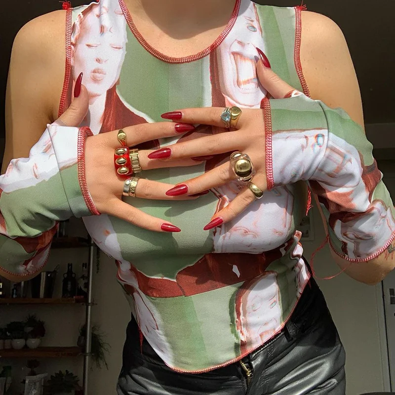 

ZOVSV Harajuku Printed Y2K Crop Top T Shirt Women with Sleeves Casual Sleeveless T-shirt Ladies Fashion Summer Streetwear