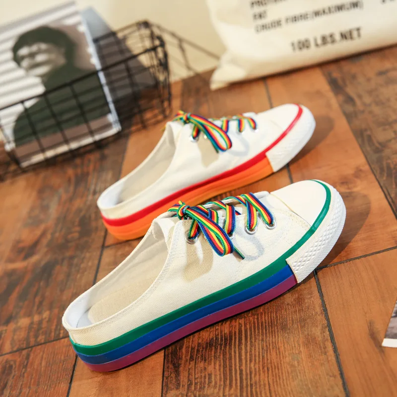 

Women's Vulcanized Shoes New Fashion Rainbow Support Canvas Shoes Casual Low-Top Flat Non-Slip Semi-Slippers