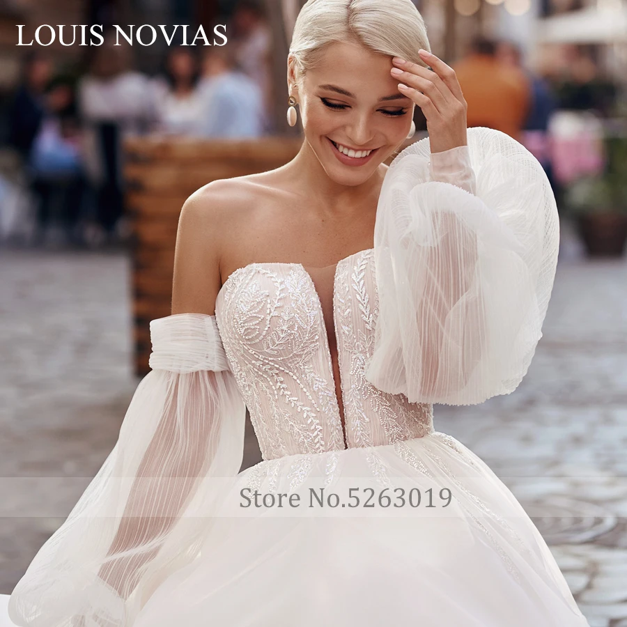Louis Novias-Vestido De Novia Desmontable, manga De linterna, para boda, con escote...