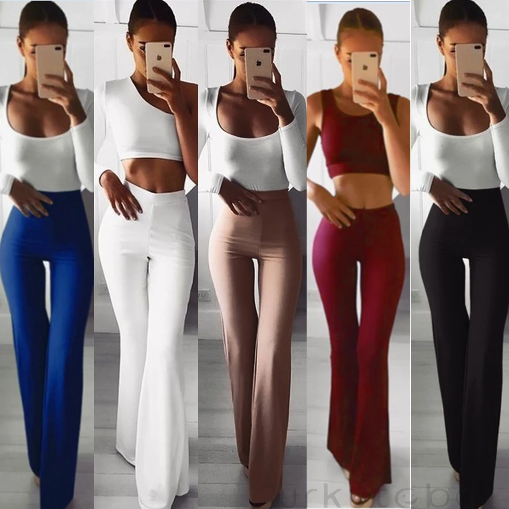 

2020 Fashion Solid Elegant Female Lady Women's Palazzo Flared Wide Killer Legs Pants High Waist OL Ladies Career Long Trousers
