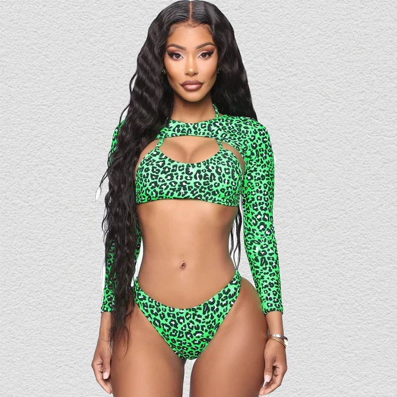 

Green Leopard Swimsuit Three Piece Bathing Suit Female African Style Swimwear Long Sleeves Swimming Costumes for Women Swim Wear