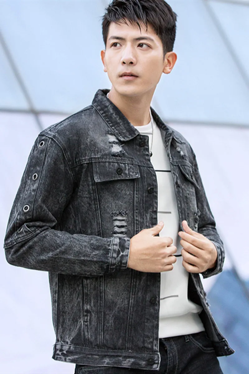 

Autumn Pop Jacket Men Hole Couple Models Fashion Denim Jacket Men Teen Premium Vogue Jeans Jacket Denim Coats