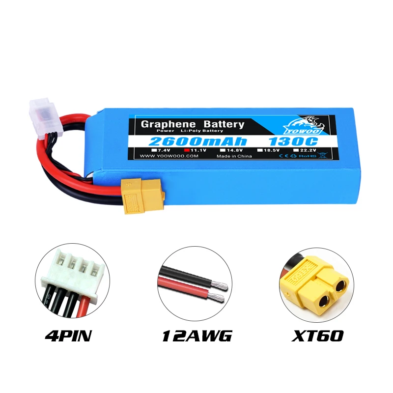 Yowoo-Bater&iacute;a de grafeno Lipo 2S, 3S, 4S, 6S, 2200mah, 2600mah, 1300mah, 1500mah, EC3 T, XT60, enchufe, 130C, piezas de aviones teledirigidos, 2 uds.-1