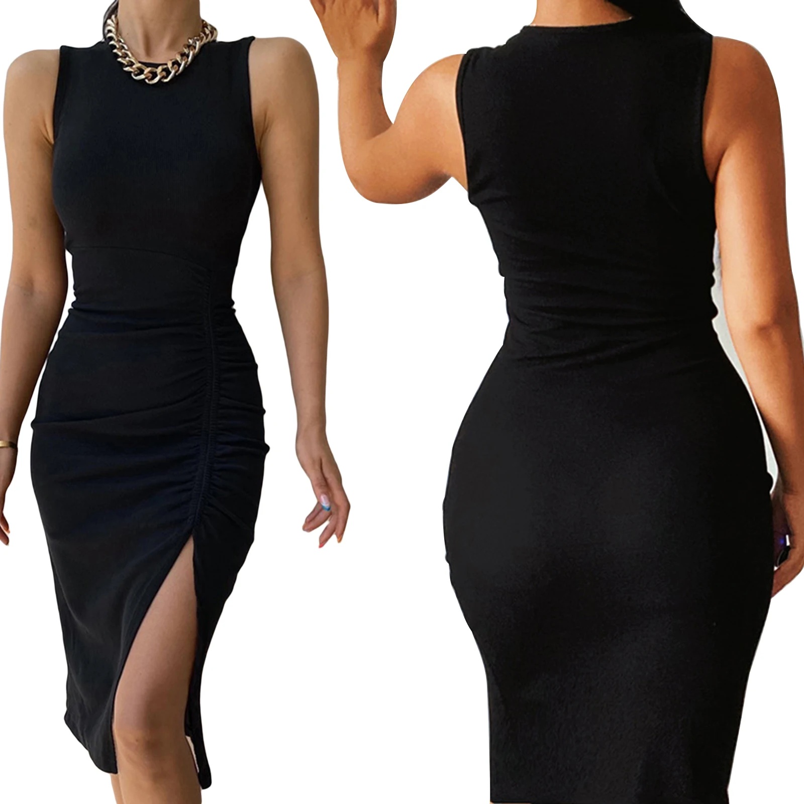 

Hirigin Fashion Women Sexy Ribbed Dress Adults Side Drawstring Ruched Sleeveless Round Neck Slit Long Dress For Summer