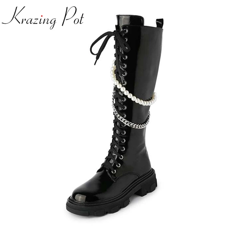 

Vichelo Hot cow leather med heels wrinkled patent leather equestrian boots pearl metal chain fashion lace up knee high boots l11