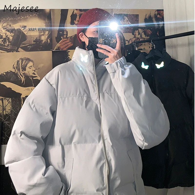 

Men Short Style Parkas Stand Collar Chic Harajuku Ulzzang Thicken Zip-up Glow Butterfly-print Designed Casual Doudoune Hipsters