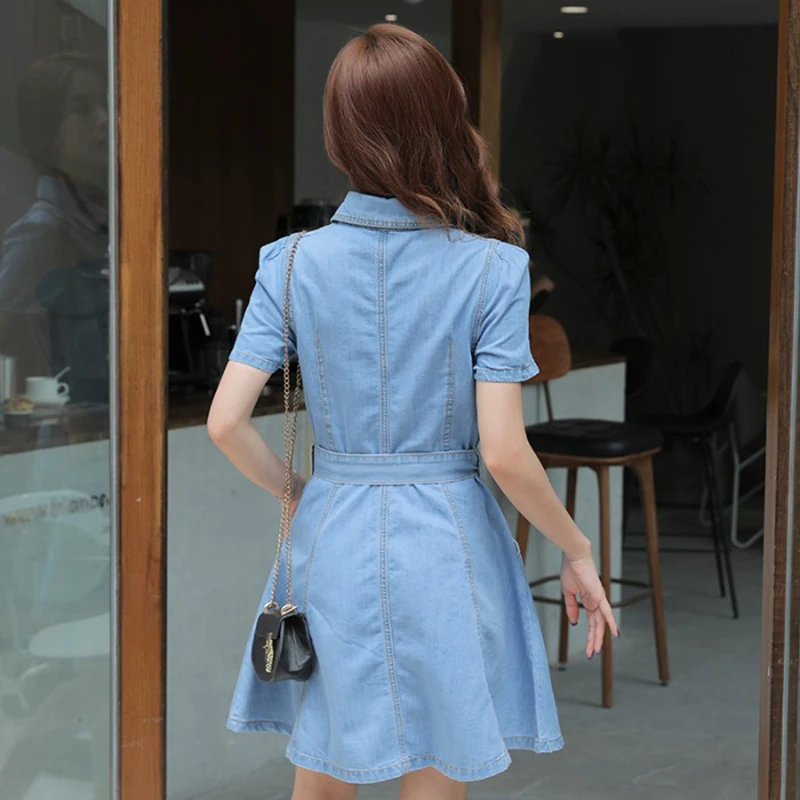 

Summer Dresses for Women Fashion Single-breasted Turn-down Collar Short Dress Female Casual Short Sleeve Denim Dress with Belt