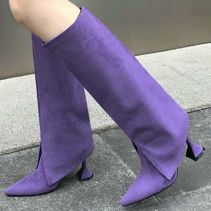 

2021 Women Knee High Boots Fashion Pointed Toe Thin High Heel Ladies Calf Voots Faux Suede Slip on High Quality Women's Boots