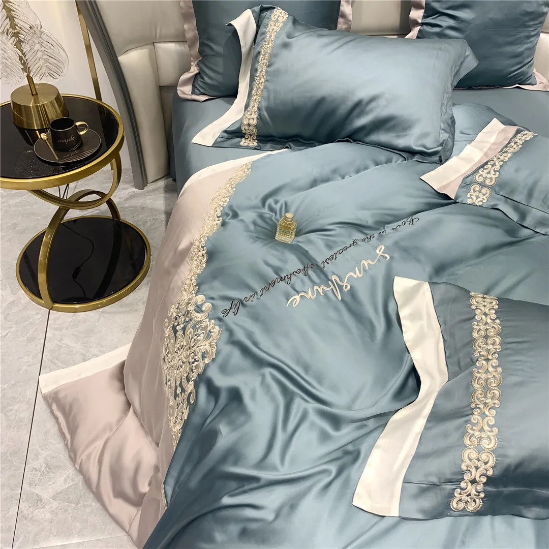 

European Luxury Tencel 4pcs Bedding Set Duvet Cover 220x240 Embroidery Bed Linen Set King Queen Size with Two Pillow Covers 4pcs