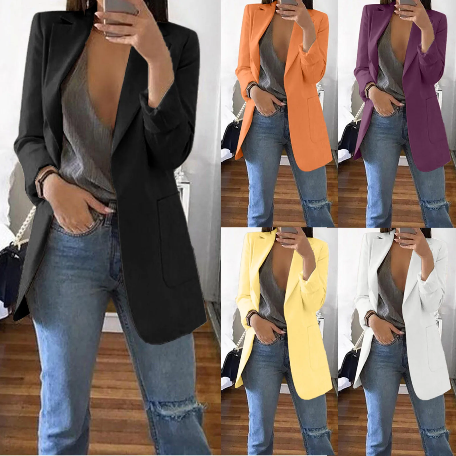 

Women Casual Solid Loose Cardigan Lapel Long Sleeve Pocket Office Coat Jacket