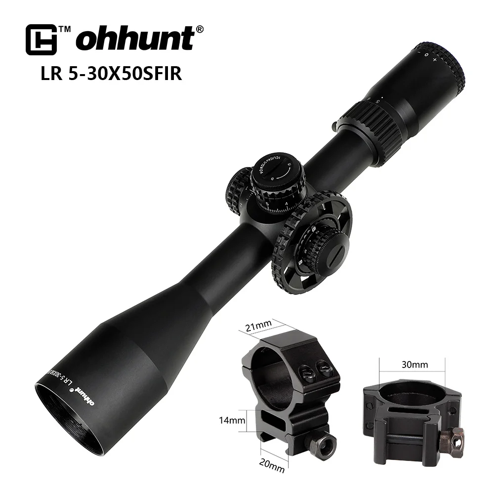 Med Picatinny Rings Ohhunt LR 5-30x50 SFIR Охотничий прицел Тактическое стекло Травленая прицельная сетка Красная подсветка Боковые параллаксные турели Блокировка сброса Прицел - Цвет: Med Picatinny Rings
