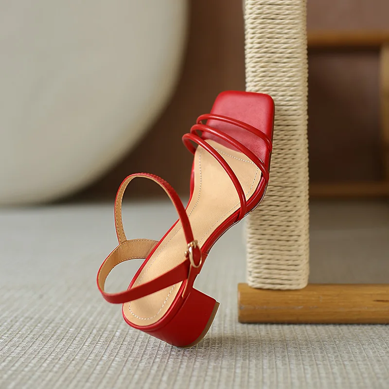 

Genuine Leather Women High Heels Shoes Thick Heels Sandals for Woman Buckle Strap Concise Red Green White Ladies Praty Shoes