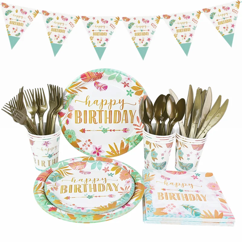 

Happy Birthday Decoration Disposable Tableware Flower Printe Paper Plate Cup Napkin Adult Kids Birthday Party Baby Shower Supply