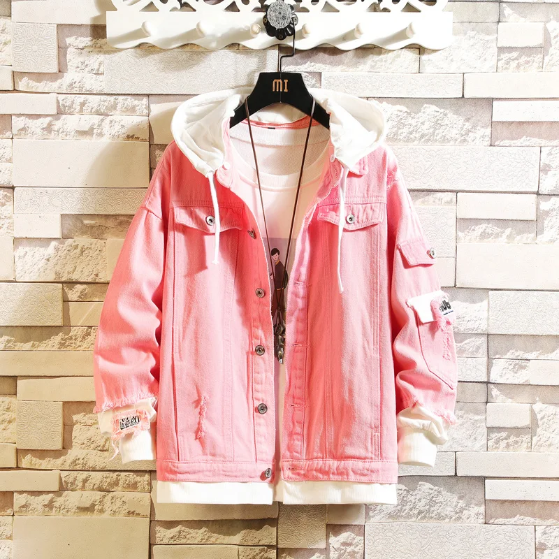 

2021 Pink Black Green Jeans Jacket Men Slim Streetwear Ripped Denim Jacket Hoodie Men Hip Hop Bomber Jacket Homme Autumn