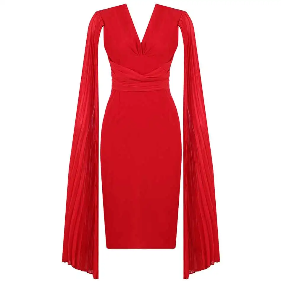 

2020 Latest Arrival Women's Bat Sleeve Dress Red Sexy V-neck Bodycon Dress Elegant Celebrity Club Runway Party Dresses Vestidos