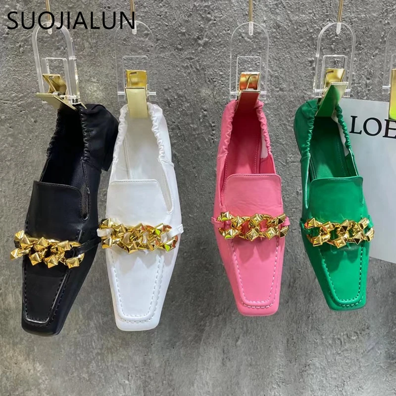 

SUOJIALUN 2022 Spring Chain Flat Shoes Ladies Casual Flats Ballet Female Dress Ballerina Soft Moccasin Square Toe Slip On Loafer