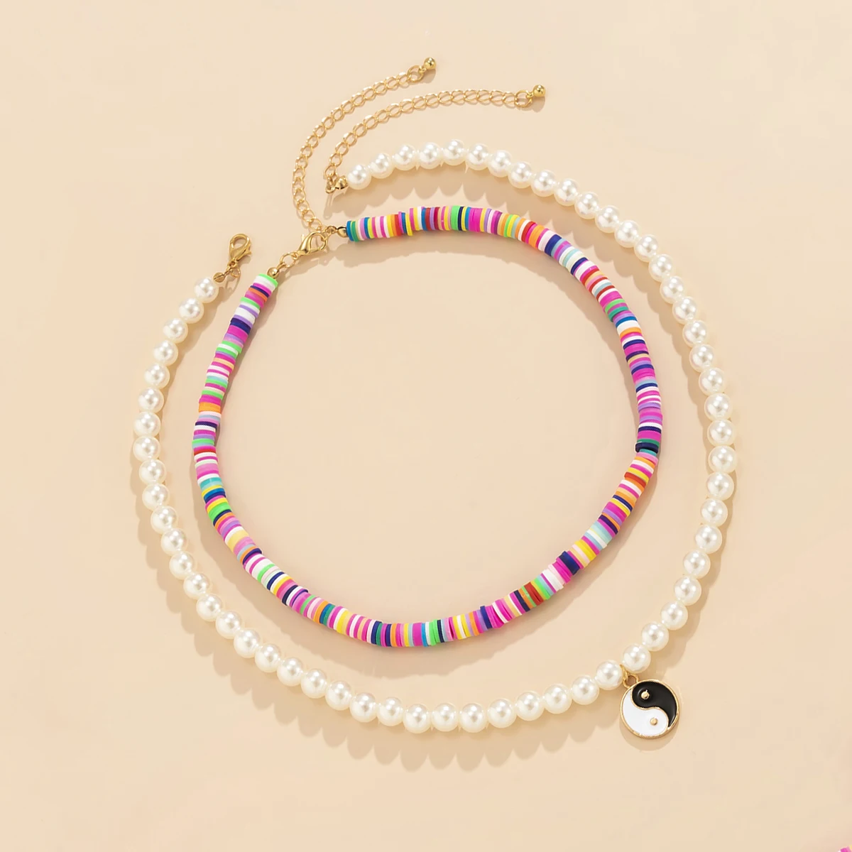 

Polymer Clay Y2K Rainbow Choker Necklace for Women Boho Fashion Pearl Bead Chain with Tai Chi Coin Pendant Necklace 2021 Fashion