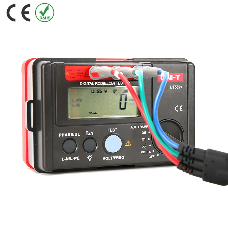 

UNI-T UT582+ Digital RCD (ELCB) Tester 30~600V Leakage Switch Tester with Mis-Operation Buzzer/ AUTO RAMP Test / Voltage Freqy T