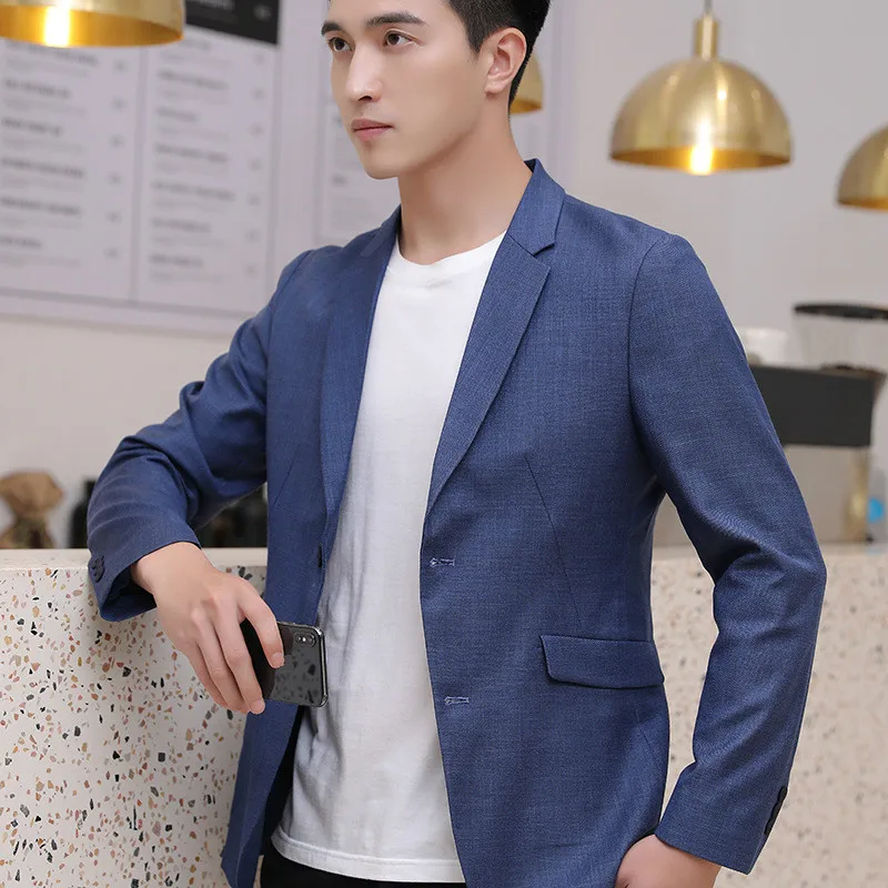 

High Quality Autumn Non Iron Suit Men Casual Suit Long Sleeve V-neck Groomsmen Suit Vintage Slim Fit Blue Plus Size Blazer Male