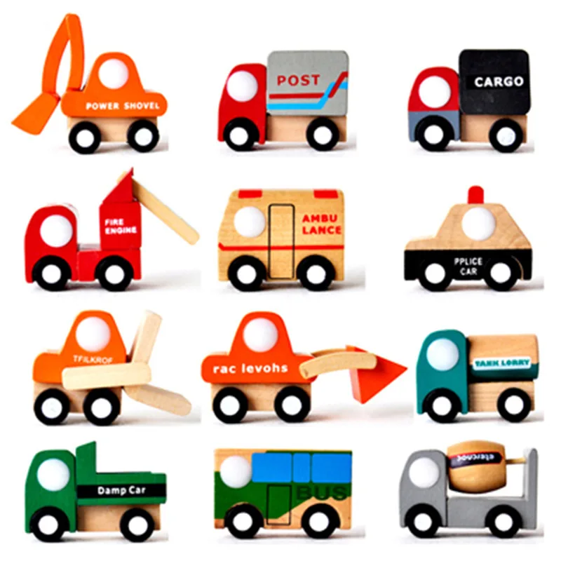 

12pcs Wooden Cartoon Toy Car Mini Car Model Set Combination Children's Montessori Education Toy Airplane Model Gift