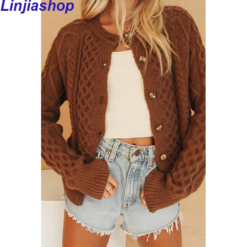 

2021 Women Knitted Casual Cardigan Ladies Open Front Sleeve Sweater Coat Outwear Solid White Long Sleeve Button Knited Coat