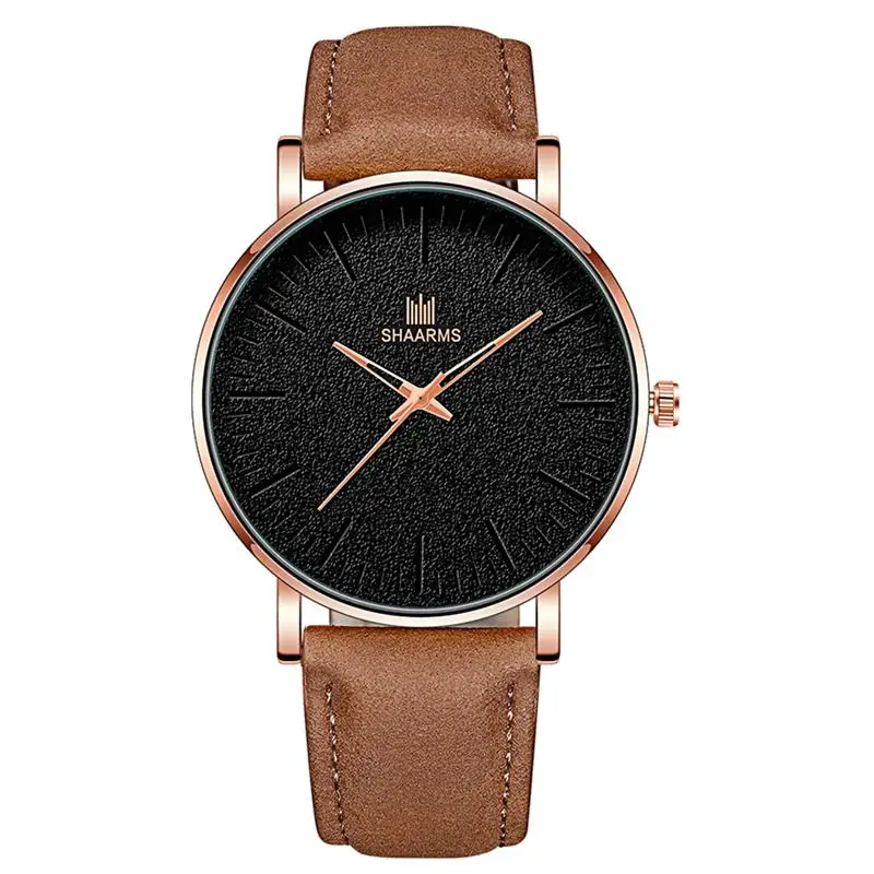 Brown Black SHAARMS мужские простые часы из нержавеющей стали с кожаным ремешком кварцевые наручные часы мужские модные повседневные часы Montre Femme дропшиппинг - Цвет: Brown Black