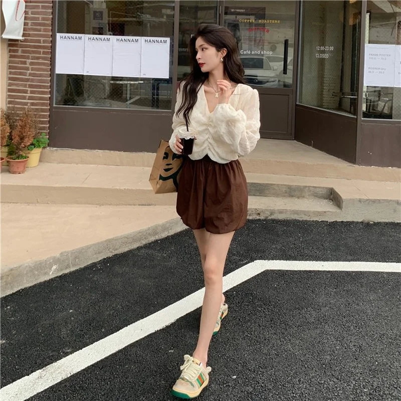 

Summer Solid Sweet Blouse Tops Women Korean V-neck Chic Casual Blouse Shirt Female Holiday Outing Long Sleeve Kawaii Blouse 2021