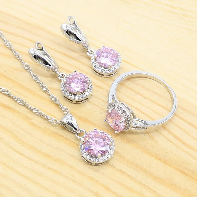Classic Silver Color Jewelry Sets for women Round Pink Cubic Zircon Earrings Pendant Necklace Ring Christmas Gift | Украшения и