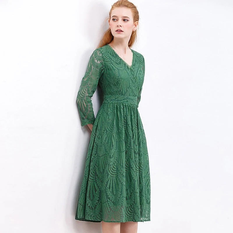 Женское ажурное платье с принтом зеленых листьев Повседневное до колена