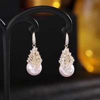 2022 trendy pearl dangler women luxury wedding jewellery gold plated cubic zirconia stud earring brand design ear hook