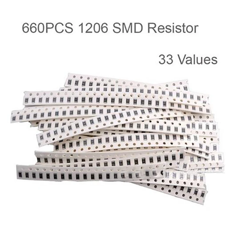 

Комплект резисторов 0603 SMD в ассортименте, 1 ом-1м ом, 1%, 33 значения, 20 шт. = 660 шт., набор образцов