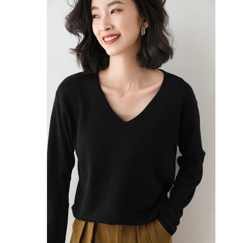 

Winter Sweater Women V-neck Stylish Pullover Knitted Long-Sleeves Short Elegant Jumper Fashion Jacket Sweaters