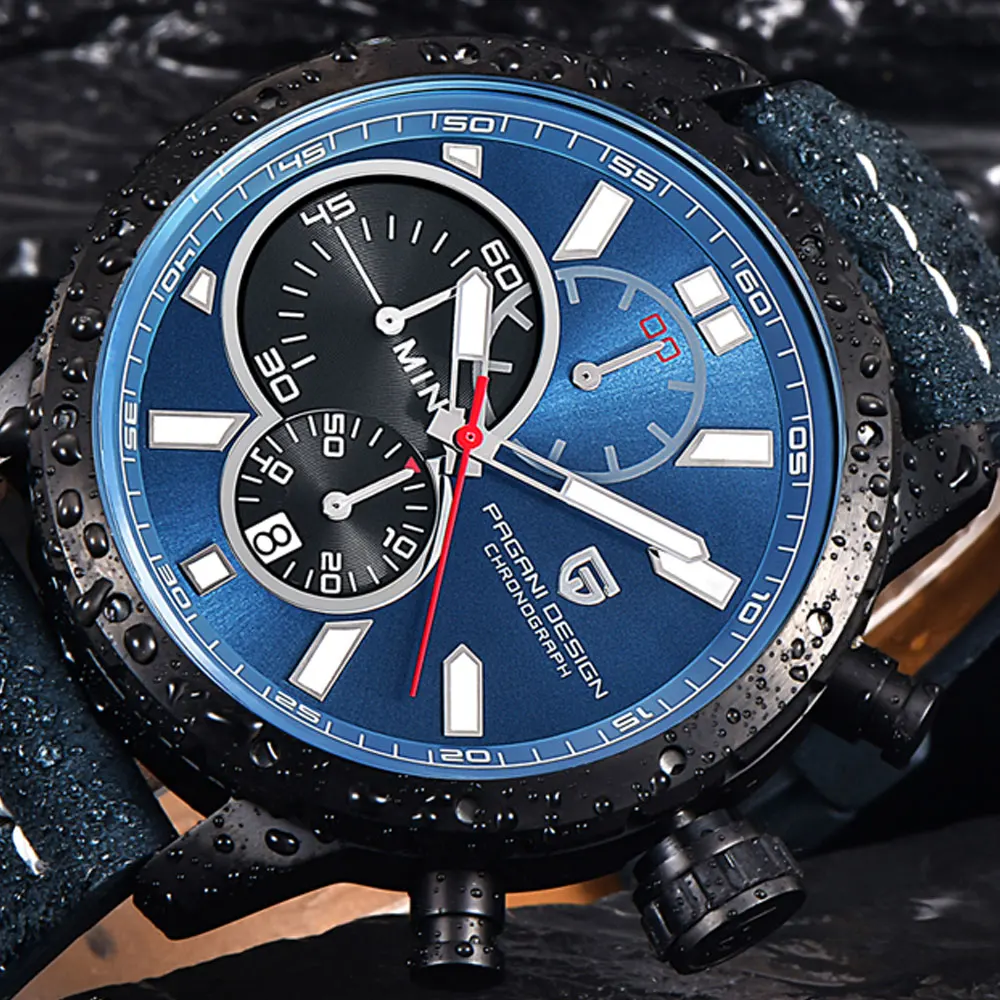 Мужские часы Pagani дизайнерские кварцевые с синим циферблатом 46 мм хронографом и
