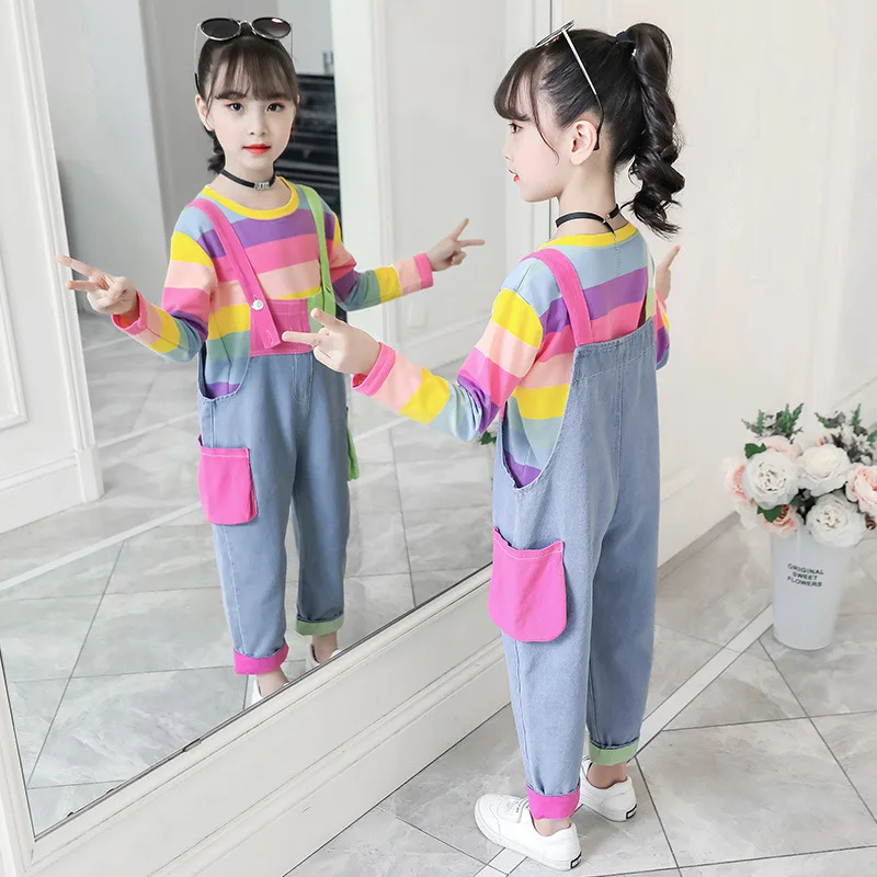 

New Rainbow Spring Autumn Baby Girls Suit Sweatshirts + Overalls 2pcs Kids Teenage Outwear Children Clothing High Quality