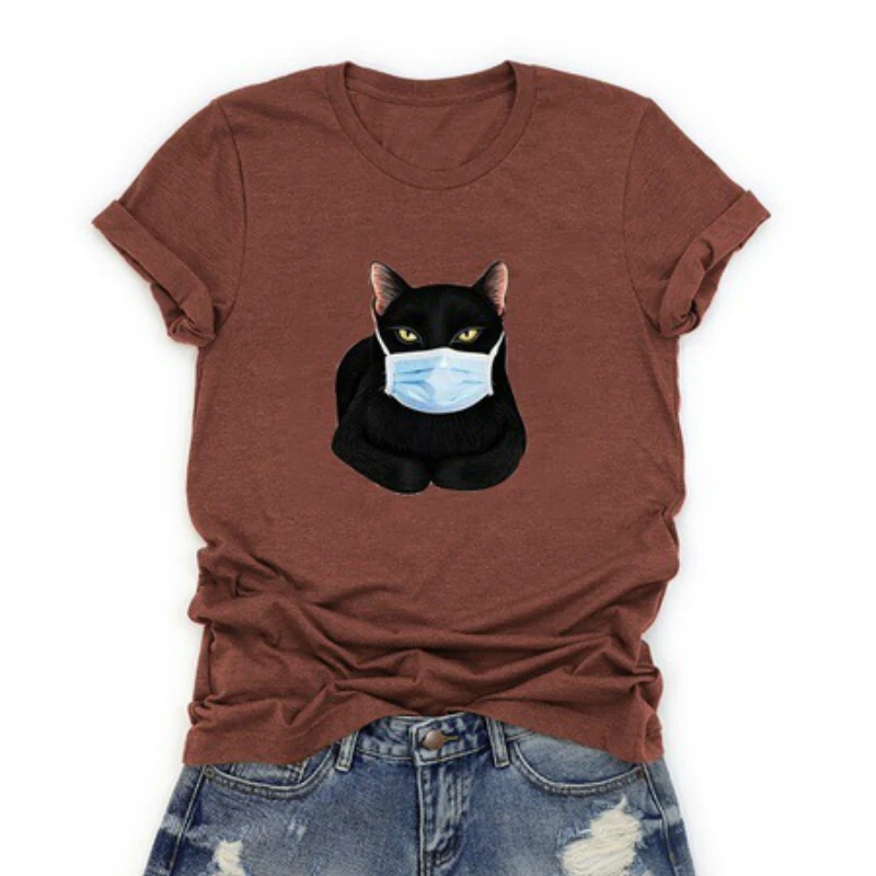 

2020 S-3XL Women Casual Cat In Face Mask Printed Tee Girls Funny T Shirts Harajuku Shirt Graphic Tees Women