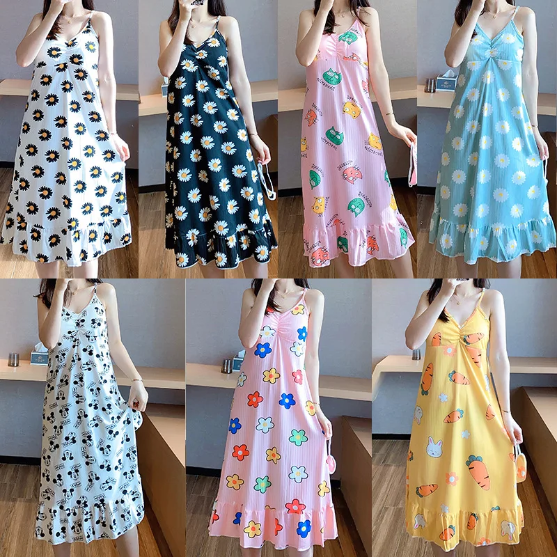 Women's Nightdress Summer Sling Sexy Nightgown & Sleepstirts with Chest Pad Long Knee Length Home Wear Sexy Nightwear Sleepwear