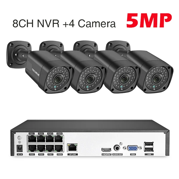 4cameras 5MP Techege 5MP аудио POE Комплект H.265 система 8CH CCTV безопасности NVR Крытый Открытый водонепроницаемый IP камера видеонаблюдения Сигнализация видео система - Цвет: 4cameras 5MP