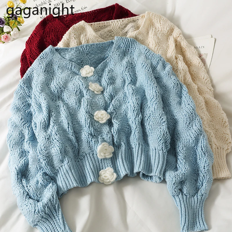 

Gaganight aplсветящиеся женские Однотонные кардиганы с цветами вязаные кроп-топы шикарные корейские модные кардиганы осенне-зимний свитер для м...