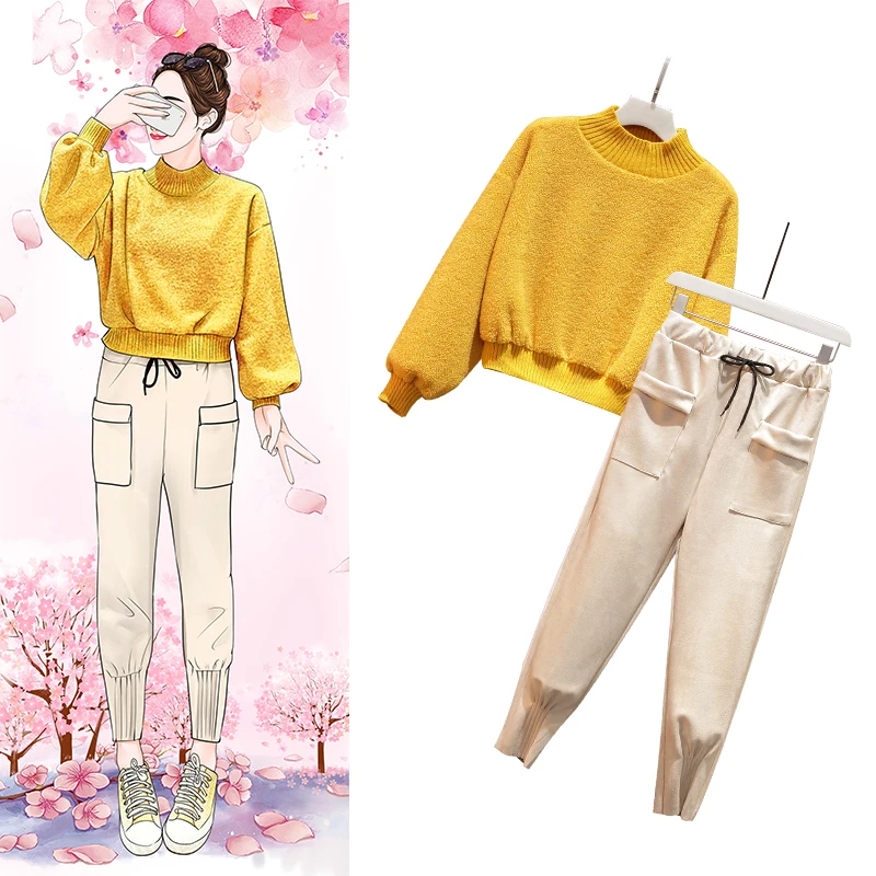 

Winter New Large Size Ladies' Fashion Suits Thicken High Collar Jacket Trousers Pullover Top Outfit Women 2 Pcs Clothing Set