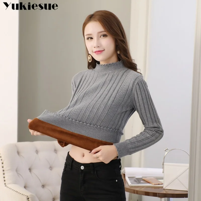 Fashion Sweaters Women Winter large size Knitted sweater Bottoming shirt Velvet Lining Thick Warm Pullover Sweater For | Женская одежда