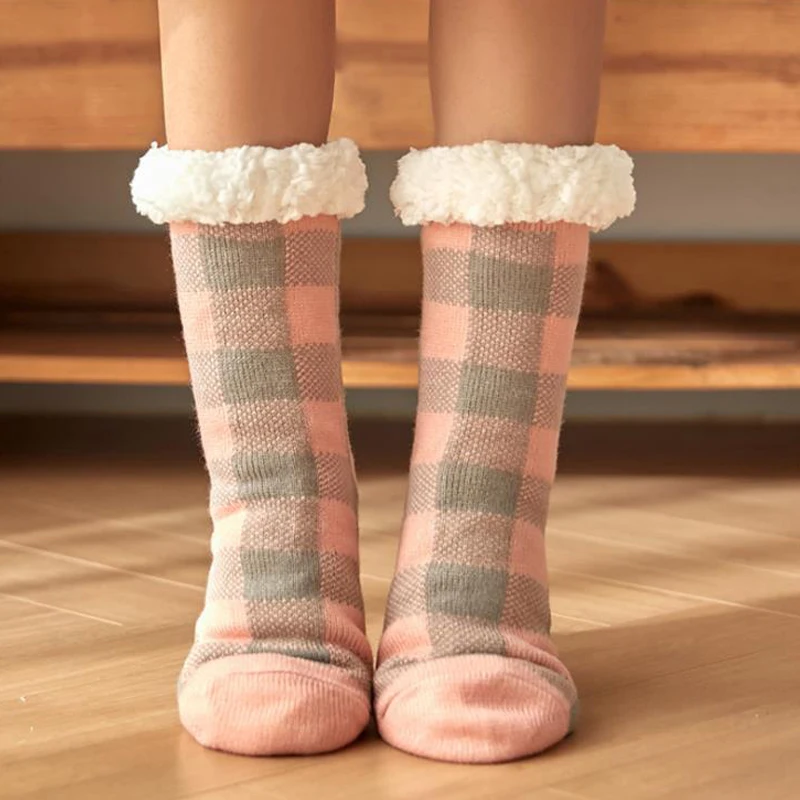 Women Winter Socks Plus Cotton Thicken Sleep Keep Warm Stocking Fashion Plaid Christmas Gift Lady Cute Home Floor Socks 2021 New