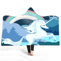 rainbow unicorn pattern 3d printed plush hooded blanket for adult kid warm wearable portable fleece cute dropship
