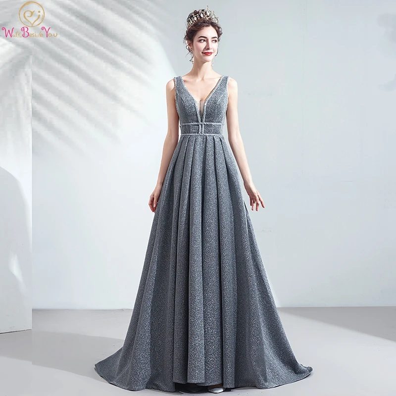 

Вечерние платья 2022, трапециевидные блестящие тканевые плиссированные платья с бисером и V-образным вырезом, элегантное бальное платье для в...